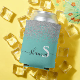 Girly Silver und Aquamarin Monogram Aqua Sparkle Dosenkühler