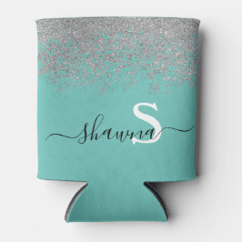 Girly Silver und Aquamarin Monogram Aqua Sparkle Dosenkühler