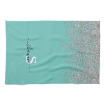 Girly Silver und Aquamarin Monogram Aqua Sparkle