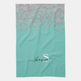 Girly Silver und Aquamarin Monogram Aqua Sparkle Geschirrtuch