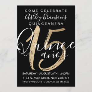 Girly Simple Black and White Gold Foil Quinceañera Einladung
