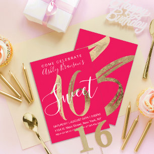 Girly Simple Gold Foil Neon Pink Sweet 16 Einladung