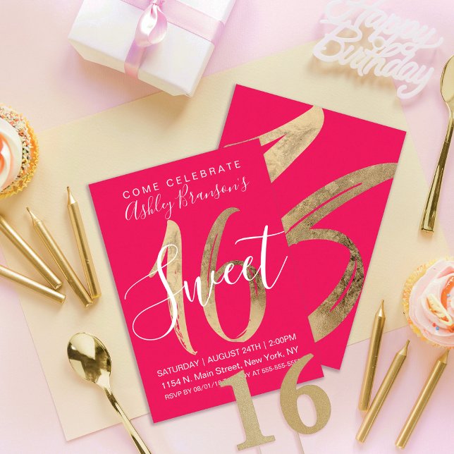 Girly Simple Gold Foil Neon Pink Sweet 16 Einladung (Von Creator hochgeladen)
