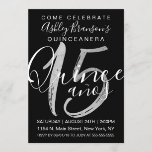 Girly Simple Schwarz-weiß Silver Foil Quinceñera Einladung