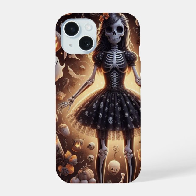 Girly Skeleton in Tutu mit Geistern, Schädeln, Fle iPhone 15 Hülle (Rückseite)