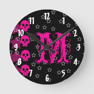 Girly Skull EMO Punk Monogramm erste Wall-Uhr Runde Wanduhr