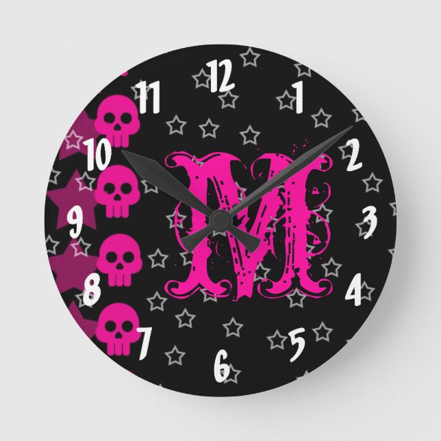 Girly Skull EMO Punk Monogramm erste Wall-Uhr Runde Wanduhr (Vorderseite)