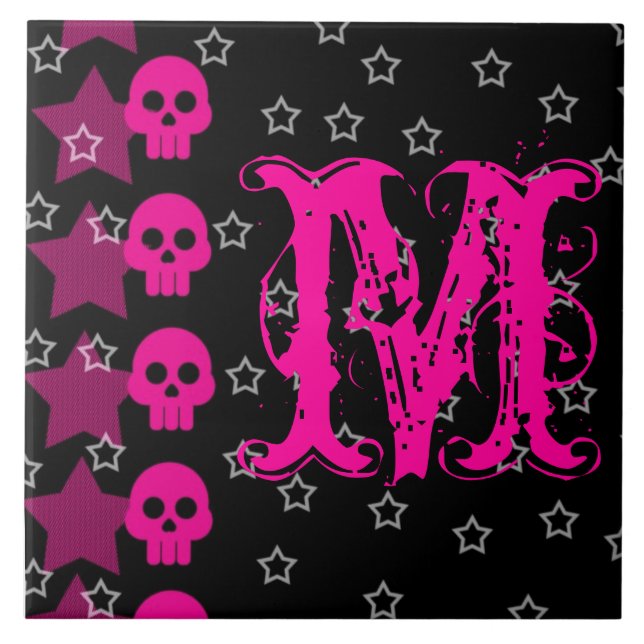 Girly Skull EMO Punk Rocker Monogram Display Tile Fliese (Vorderseite)