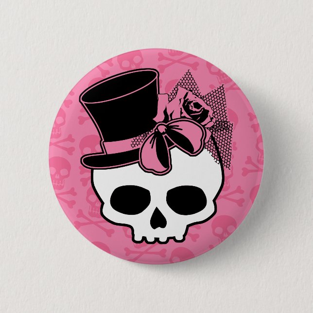 Girly Skull mit Hut und Rosa Bow Button (Vorderseite)