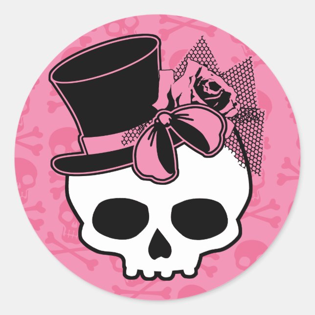 Girly Skull mit Hut und Rosa Bow Runder Aufkleber (Vorderseite)