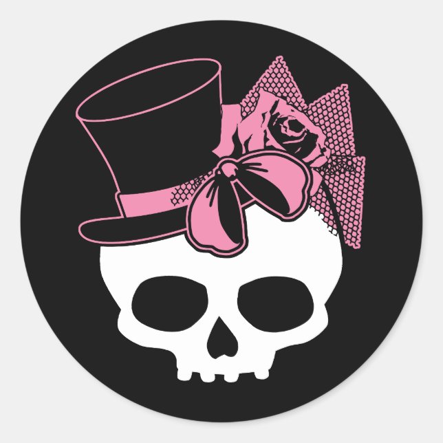 Girly Skull mit Hut und Rosa Bow Runder Aufkleber (Vorderseite)