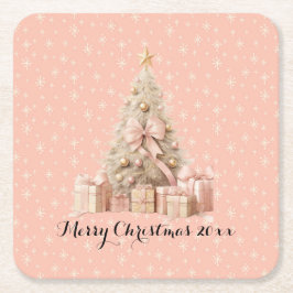 Girly Soft Pink Weihnachtsbaum & individuelle Grüß Rechteckiger Pappuntersetzer