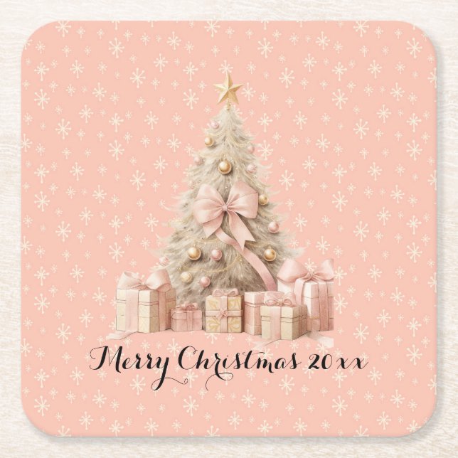 Girly Soft Pink Weihnachtsbaum & individuelle Grüß Rechteckiger Pappuntersetzer (Vorderseite)