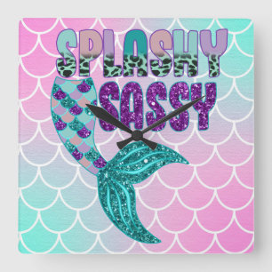 Girly Splashy Sassy Pink Lila Green Mermaid Schwan Quadratische Wanduhr