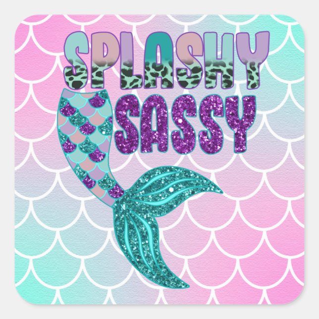 Girly Splashy Sassy Pink Lila Green Mermaid Schwan Quadratischer Aufkleber (Vorderseite)