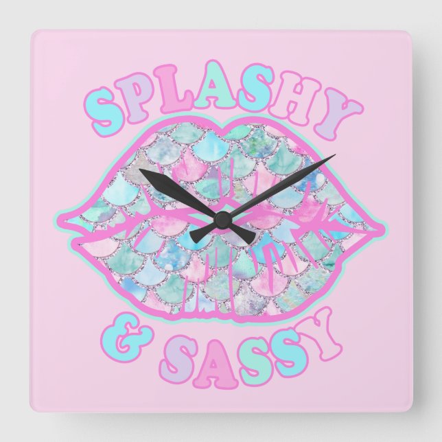 Girly Splashy & Sassy Pink Türkise Mermaid Kiss Quadratische Wanduhr (Vorderseite)