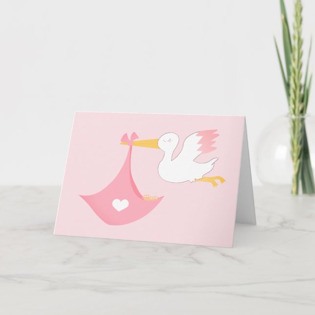 Girly Stork mit einem kleinen Pink-Kuchen Karte (Vorderseite)