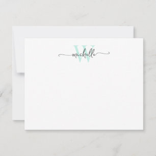 Girly Stylish Gray Aqua Monogram Name Script Mitteilungskarte