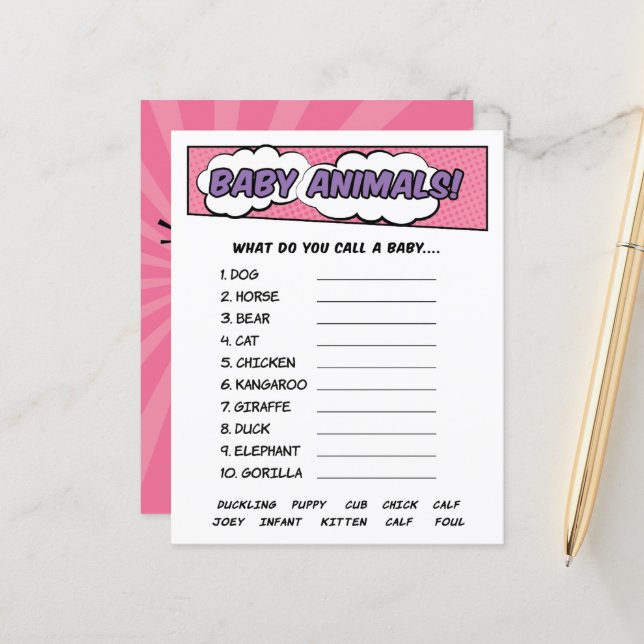 Girly Superhero Comic Baby Shower Animals Game (Vorderseite/Rückseite Beispiel)