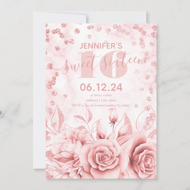 Girly Sweet 16. Marmor Glitzer Rose Gold Floral  Einladung (Vorderseite)