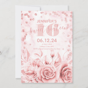 Girly Sweet 16. Marmor Glitzer Rose Gold Floral  Einladung