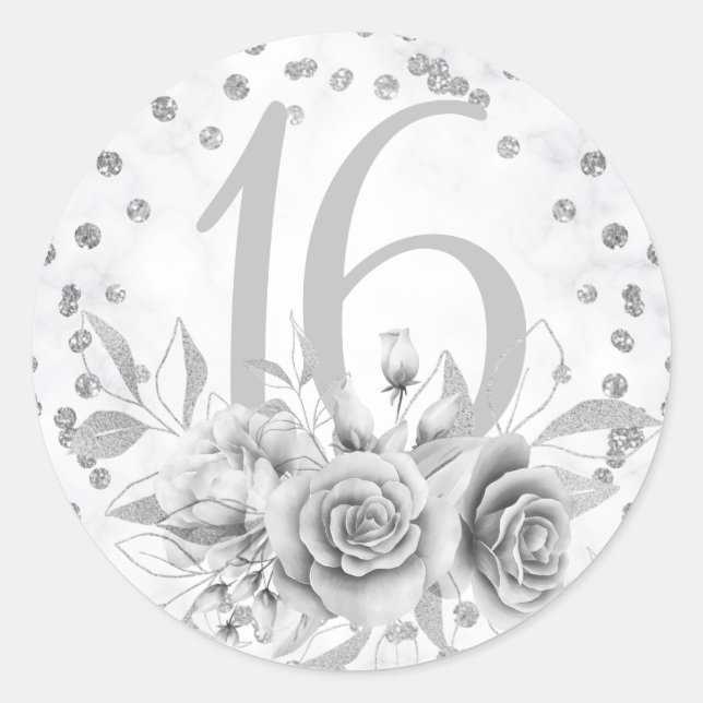 Girly Sweet 16. Marmor Glitzer Silver Floral Runder Aufkleber (Vorderseite)