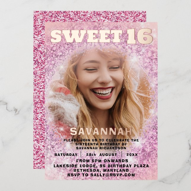Girly Sweet 16 Rose Gold Calligraphy & Glitzer Folieneinladung (Vorderseite/Rückseite)