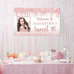 Girly Sweet 16 Rose Gold Glitzer Tropfen Foto Banner