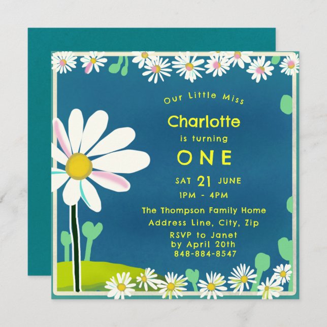 Girly Sweet Daisy Blue Yellow Birthday Einladung (Vorne/Hinten)