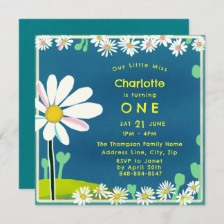 Girly Sweet Daisy Blue Yellow Birthday Einladung