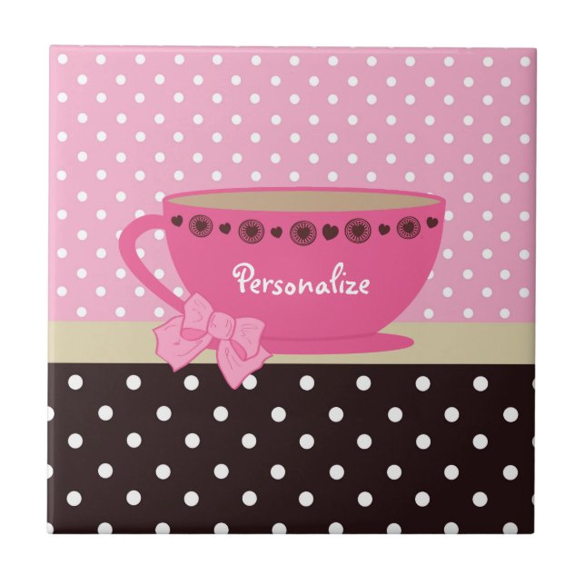 Girly Teacup Pink und Brown Polka Dot Bow und Name Fliese (Vorderseite)