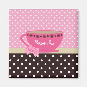Girly Teacup Pink und Brown Polka Dot Bow und Name Magnet