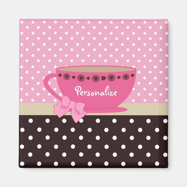 Girly Teacup Pink und Brown Polka Dot Bow und Name Magnet (Vorne)