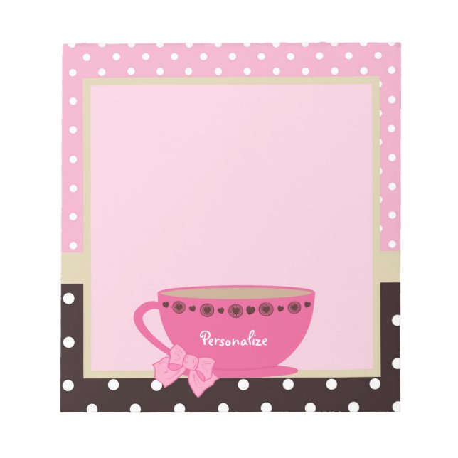 Girly Teacup Pink und Brown Polka Dot Bow und Name Notizblock (Vorderseite)