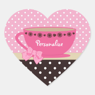 Girly Teacup Pink und Brown Polka Dots Herz-Aufkleber