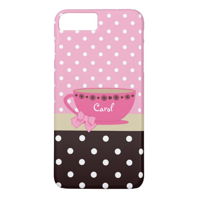 Girly Teacup-Rosa und Brown-Tupfen-Bogen und Name Case-Mate iPhone Hülle (Rückseite)