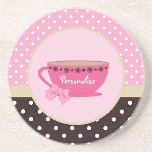Girly Teacup-Rosa und Brown-Tupfen-Bogen und Name Getränkeuntersetzer