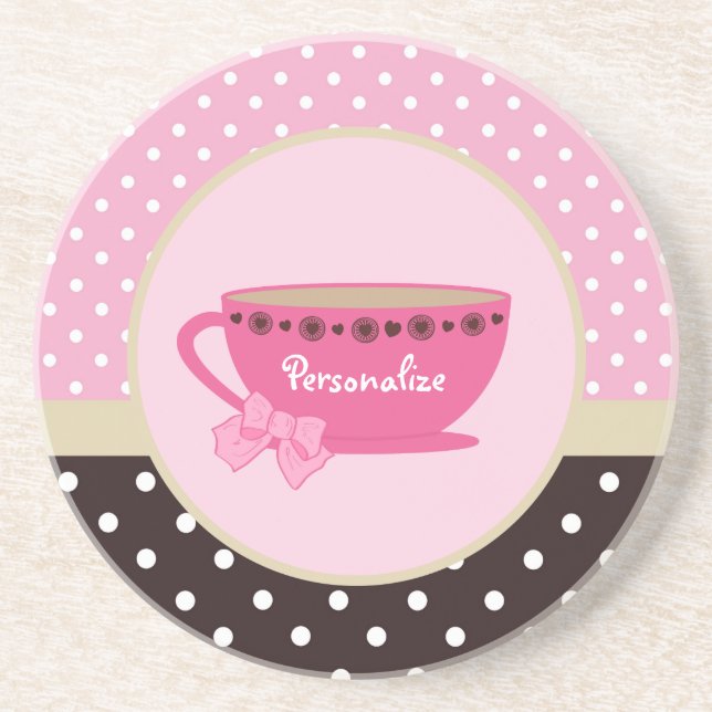 Girly Teacup-Rosa und Brown-Tupfen-Bogen und Name Getränkeuntersetzer (Vorne)