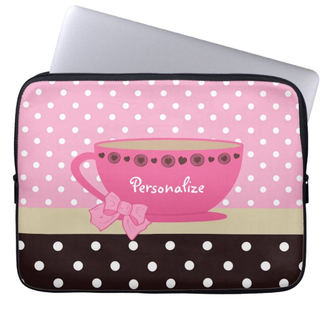 Girly Teacup-Rosa und Brown-Tupfen-Bogen und Name Laptopschutzhülle (Vorderseite)