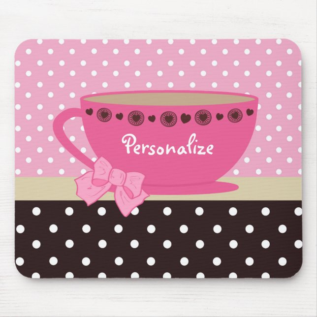Girly Teacup-Rosa und Brown-Tupfen-Bogen und Name Mousepad (Vorne)