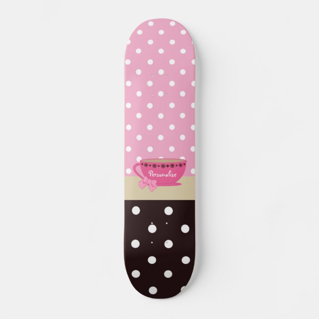 Girly Teacup-Rosa und Brown-Tupfen-Bogen und Name Skateboard (Vorderseite)