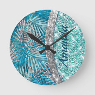 Girly teal green silver glitter leaves monogram runde wanduhr