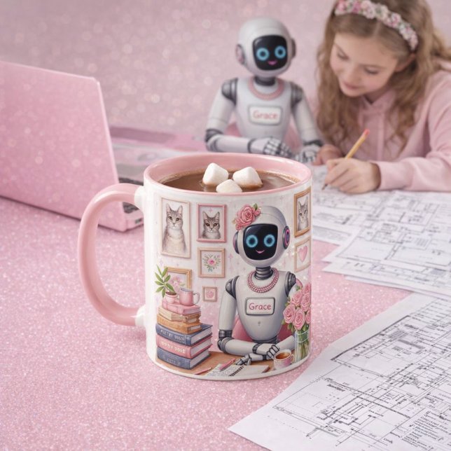Girly Tech AI Robot Grace Pink Sparkle Tasse (Girly Tech Mug: cozy cocoa, pink sparkle desk, and AI dreams brewed for creative minds.)