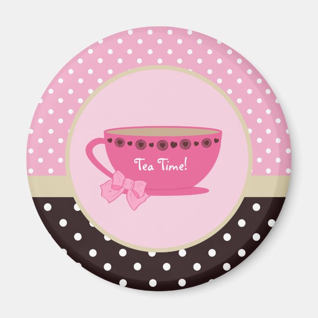 Girly Tee Time Teacup Pink und Brown Polka Dot Bow Magnet (Vorne)