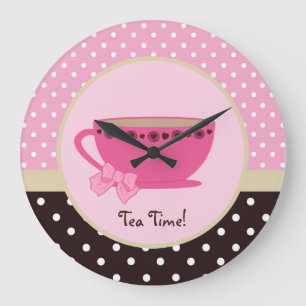Girly Tee-Zeitteacup-Rosa und Brown-Tupfen-Bogen Große Wanduhr