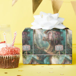 Girly Treehouse mit sonnigen Zeichen im Wald Geschenkpapier