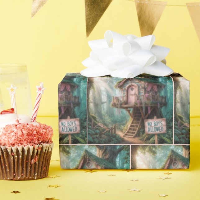 Girly Treehouse mit sonnigen Zeichen im Wald Geschenkpapier (Geburtstagsparty)