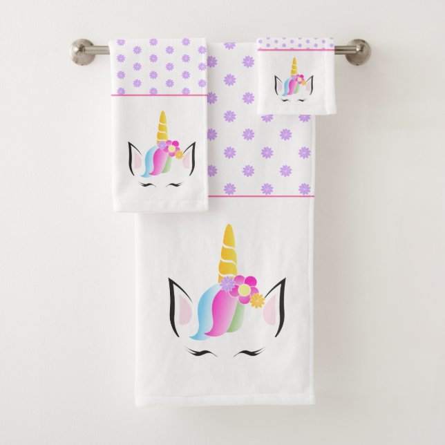 Girly trendige Niedlich Magical Unicorn zeichne Badhandtuch Set (Insitu)