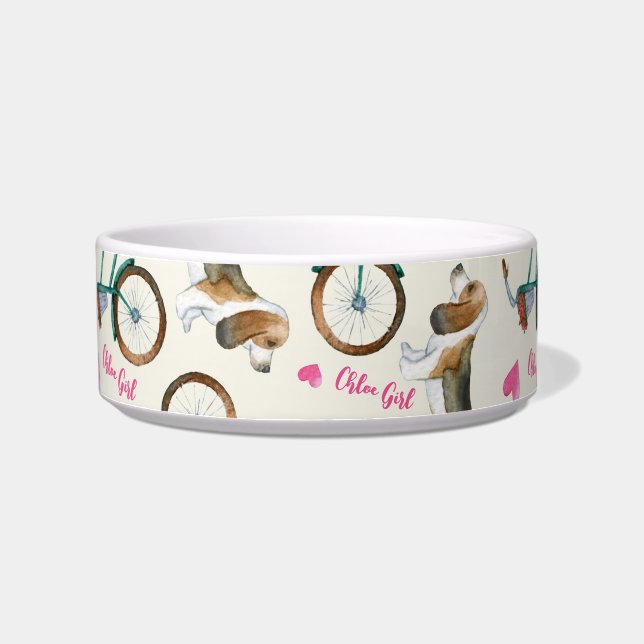 Girly Trendy Bicycles & Hunde Pink Script Name Pet Napf (Links)