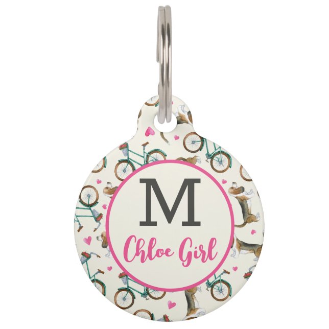 Girly Trendy Bicycles Hunde Pink Script Name Round Haustiermarke (Vorderseite)